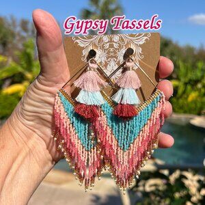 Handmade Beaded Long Tassel Fringe Dangle Drop Bohemian Post Diamond Earrings